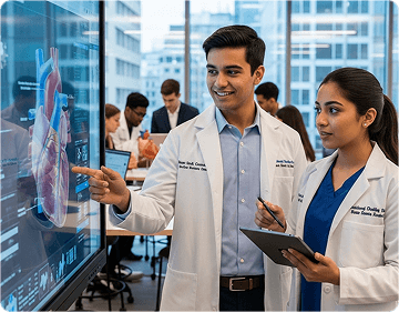 Professionals collaborating around a digital screen