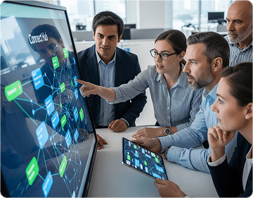 A team collaborating on a digital whiteboard