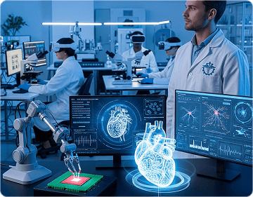 A scientist in a lab with a holographic heart display
